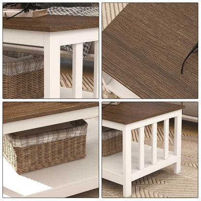 White Farmhouse Coffee Table with Shelf, 40 Inch Living Room Table