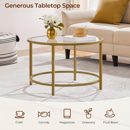 27.6" Round Glass Coffee Table with Gold Metal Frame for Living Room, Office, or Apartment