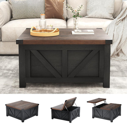 Farmhouse Lift Top Coffee Table with Storage and Charging Station – Black Wood Square Center Table with USB Ports, Hidden Compartment, and Large Storage Space for Living Room, Bedroom, or Home Office