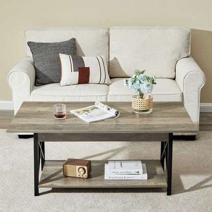 GreenForest 43" Large Modern Coffee Table – Grey Wash X-Frame Farmhouse Table with Storage, Space-Saving Center Table for Living Room, Easy Assembly