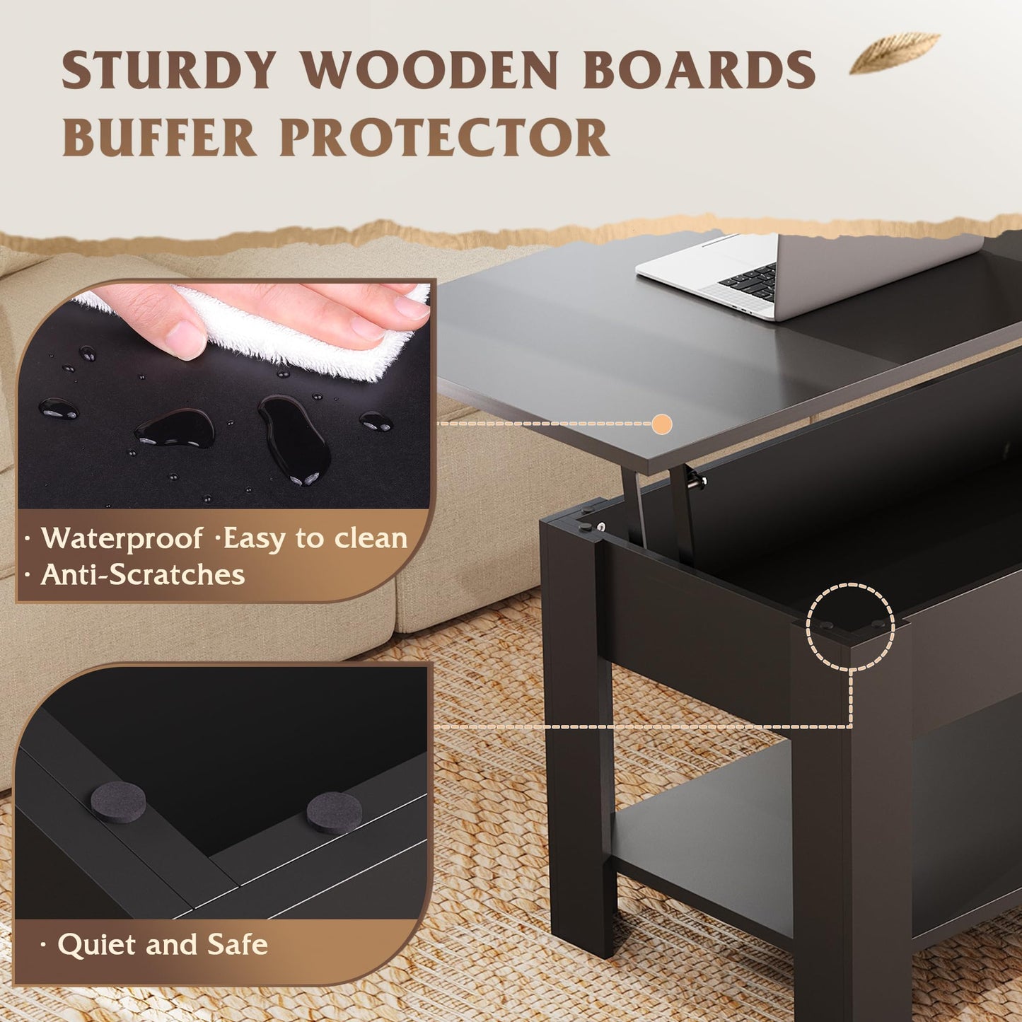 39" Lift Top Coffee Table with Hidden Compartment and Storage Shelf for Living Room or Office, Black