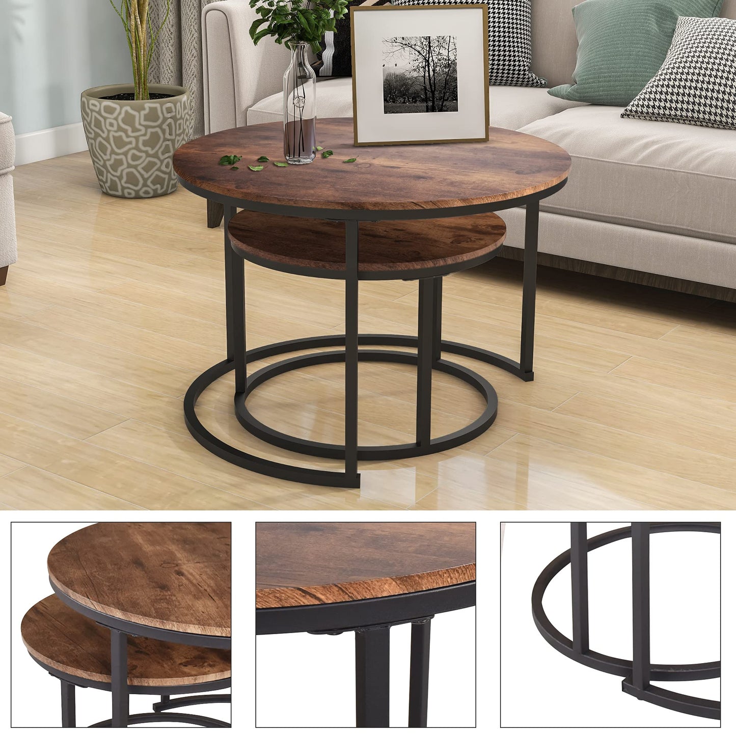 Industrial Round Coffee Table Set of 2, Stacking Side Tables with Wood-Look Top and Metal Frame for Living Room, Black/Rustic Brown