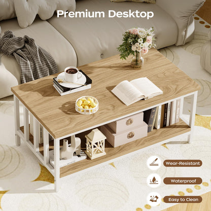 Modern Farmhouse Coffee Table with Slatted Frame, 2-Tier Storage Shelf for Living Room or Office, 39 Inch Light Coffee
