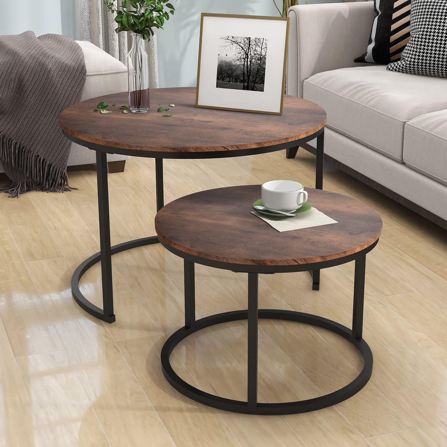 Industrial Round Coffee Table Set of 2, Stacking Side Tables with Wood-Look Top and Metal Frame for Living Room, Black/Rustic Brown