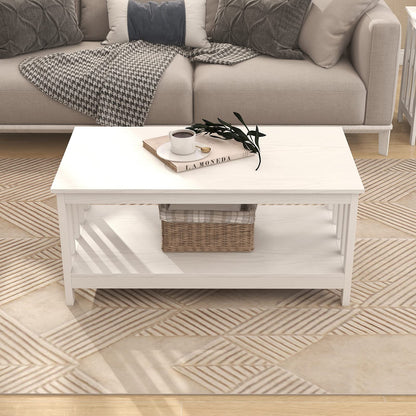 White Farmhouse Coffee Table with Shelf, 40 Inch Living Room Table
