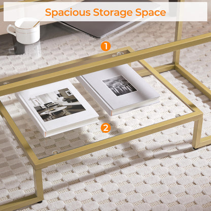 42" Rectangular Glass Coffee Table with Gold Metal Frame, 2-Tier Center Table for Living Room, Office, or Small Spaces