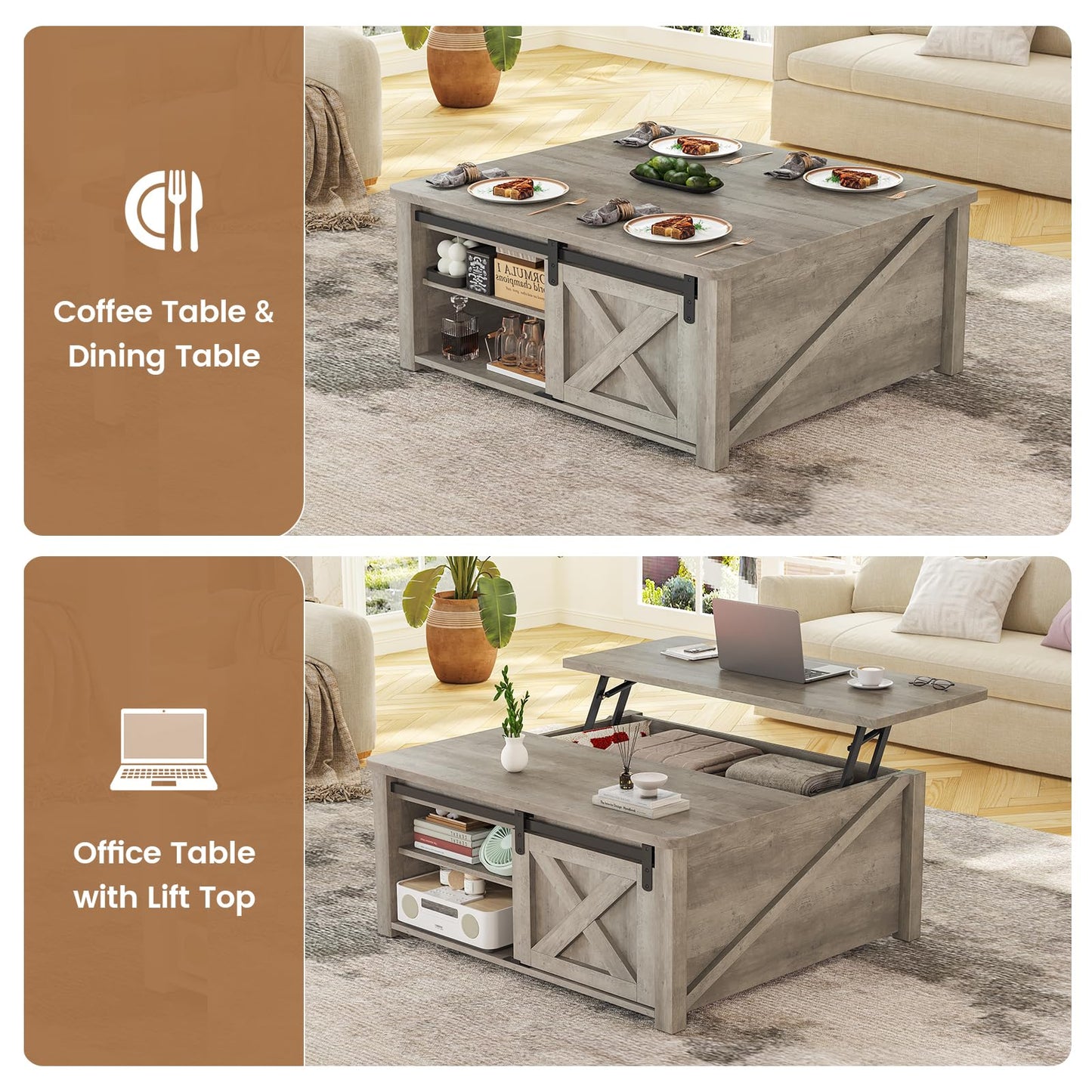 SEDETA 31.5" Lift Top Square Coffee Table with Storage – Farmhouse Living Room Table featuring Large Hidden Compartment, Adjustable Shelves & Modern Grey Finish