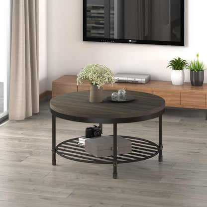 NSdirect 36" Round Coffee Table with Storage Shelf – Dark Grey Brown Vintage Wood Top & Sturdy Metal Legs, 18.5" Height Modern Center Table for Living Room or Small Spaces