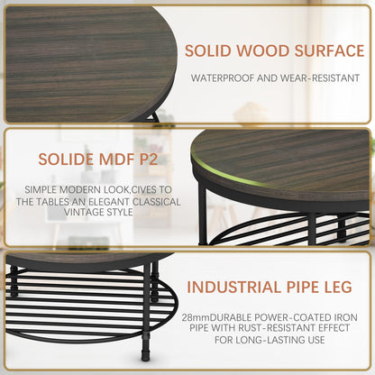 NSdirect 36" Round Coffee Table with Storage Shelf – Dark Grey Brown Vintage Wood Top & Sturdy Metal Legs, 18.5" Height Modern Center Table for Living Room or Small Spaces