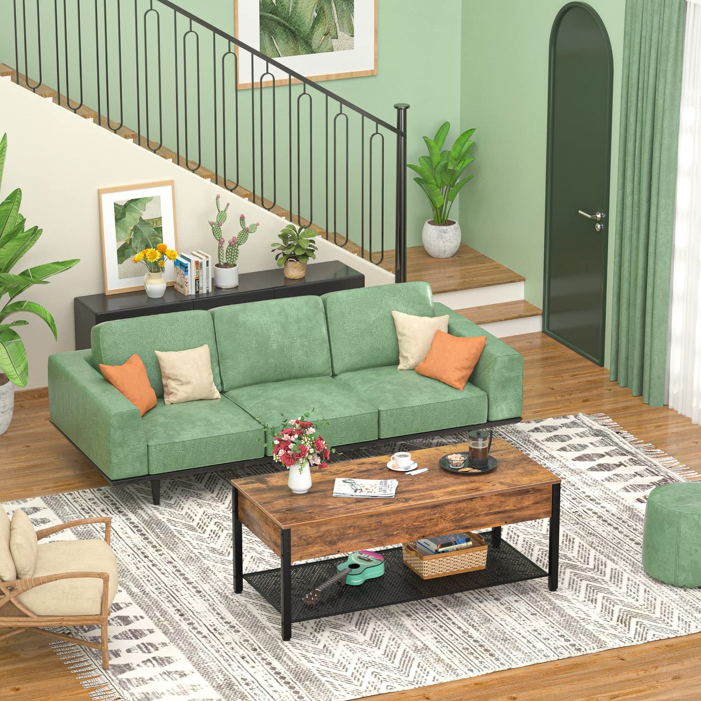 Lift Top Coffee Table with Storage Shelf and Hidden Compartment, Modern Wood and Metal Table for Living Room, Rustic Brown