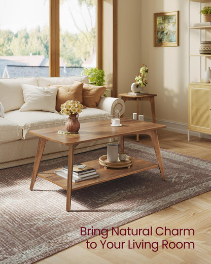 VASAGLE MAEZO Collection 2-Tier Coffee Table with Storage, Tapered Legs & Curved Transitions – 21.7" x 39.4" x 17.7" Modern Center Table for Living Room, Easy Assembly, Honey Brown (ULCT249K01)