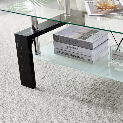 Modern Rectangle Coffee Table for Living Room, Black Marble Glass Tea Table with Wooden Legs & Lower Storage Shelf, Stylish Center Table for Home, Office, or Waiting Room