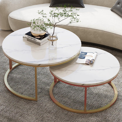 WiberWi Round Nesting Coffee Tables Set of 2 – Large Ø34", Small Ø26", Modern Gold Metal Frame Circle Tables with High Gloss Faux White Marble Top for Living Room