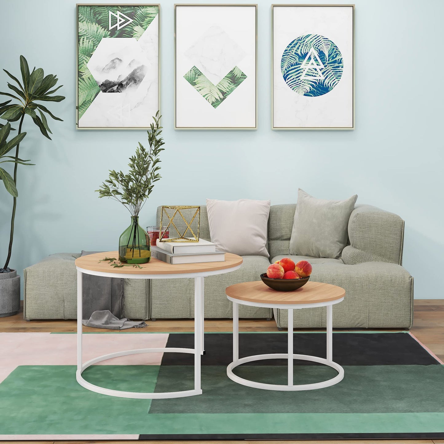 Round Coffee Table Set of 2, Stacking Side Tables with Wood-Look Top and Metal Frame for Living Room, Industrial/Modern, White/Teak