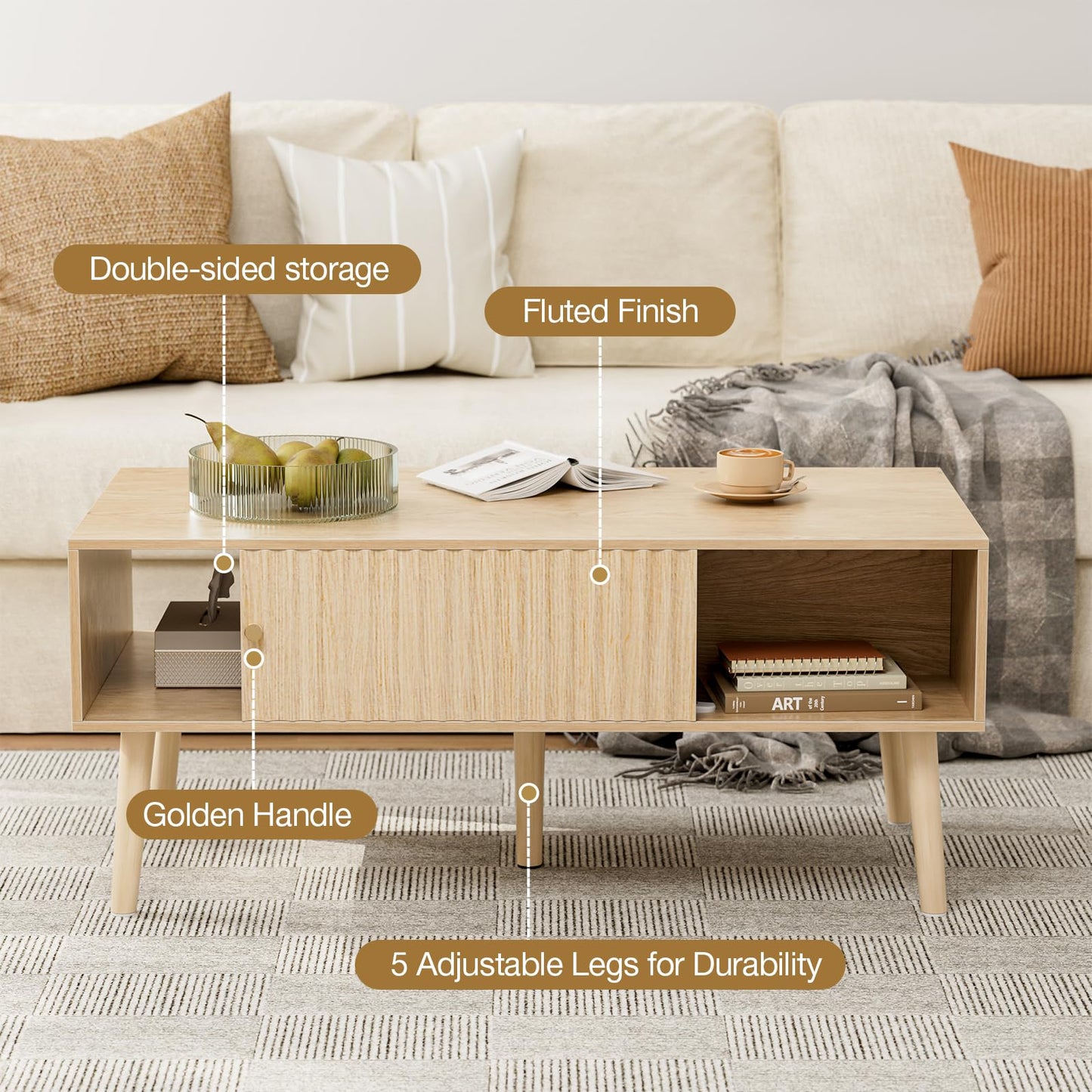 Boho Coffee Table with Storage – Sliding Fluted Door & Solid Wood Legs, Small Center Table for Living Room, Oak