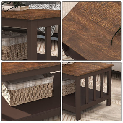 Espresso Farmhouse Coffee Table with Shelf, 40 Inch Living Room Table