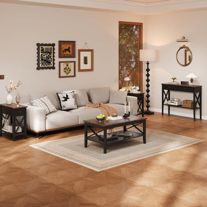 Black Wooden Coffee Table with Thick Legs and Storage for Living Room