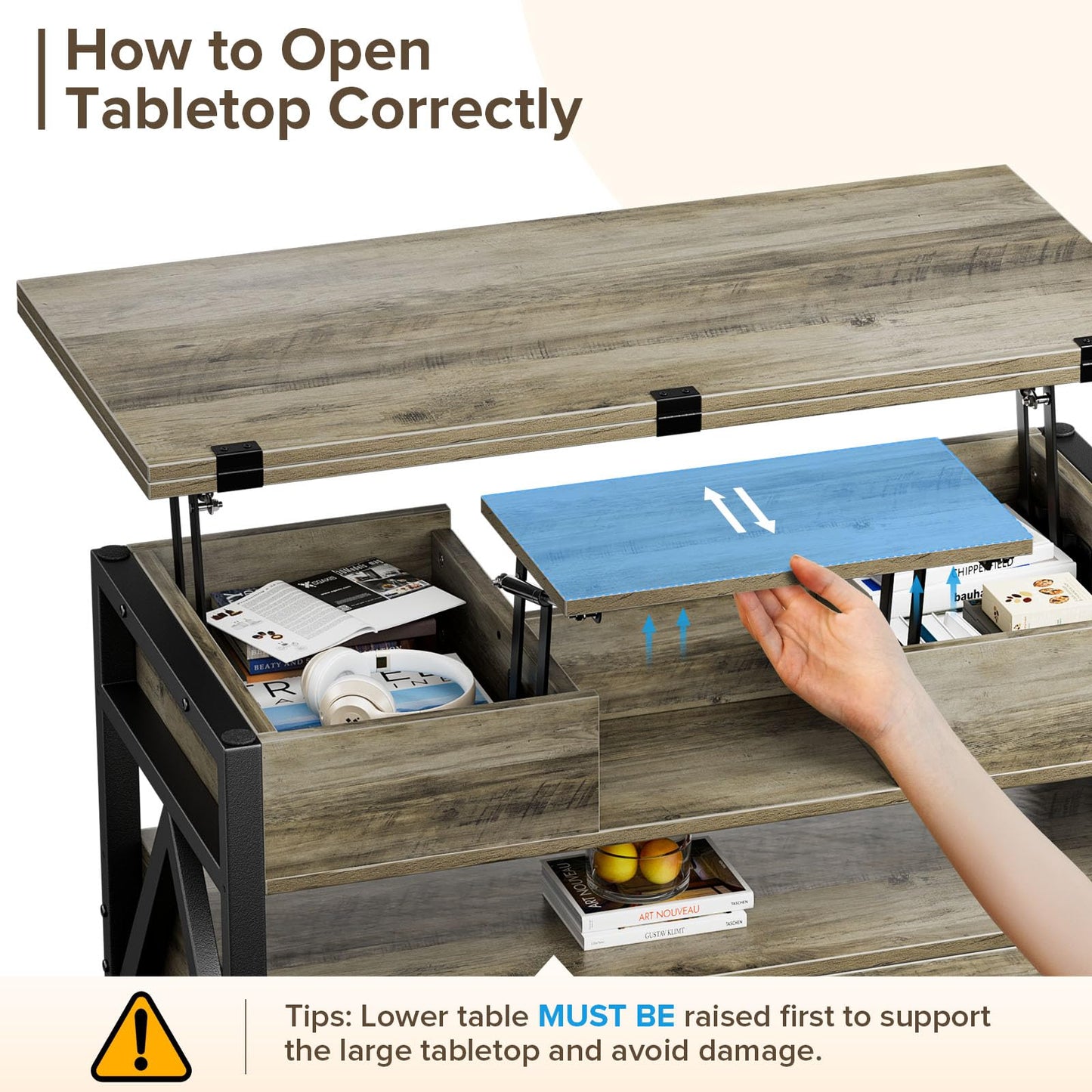 40" Lift Top Coffee Table, 4-in-1 Multi-Functional Farmhouse Coffee Table with Storage Drawers & Hidden Compartment, Lift Tabletop Center Table for Living Room, Grey