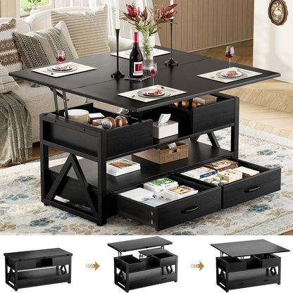 40" Lift Top Coffee Table, 4-in-1 Multi-Functional Farmhouse Coffee Table with Storage Drawers & Hidden Compartment, Lift Tabletop Center Table for Living Room, Black