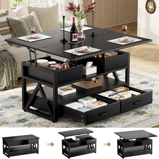 40" Lift Top Coffee Table, 4-in-1 Multi-Functional Farmhouse Coffee Table with Storage Drawers & Hidden Compartment, Lift Tabletop Center Table for Living Room, Black