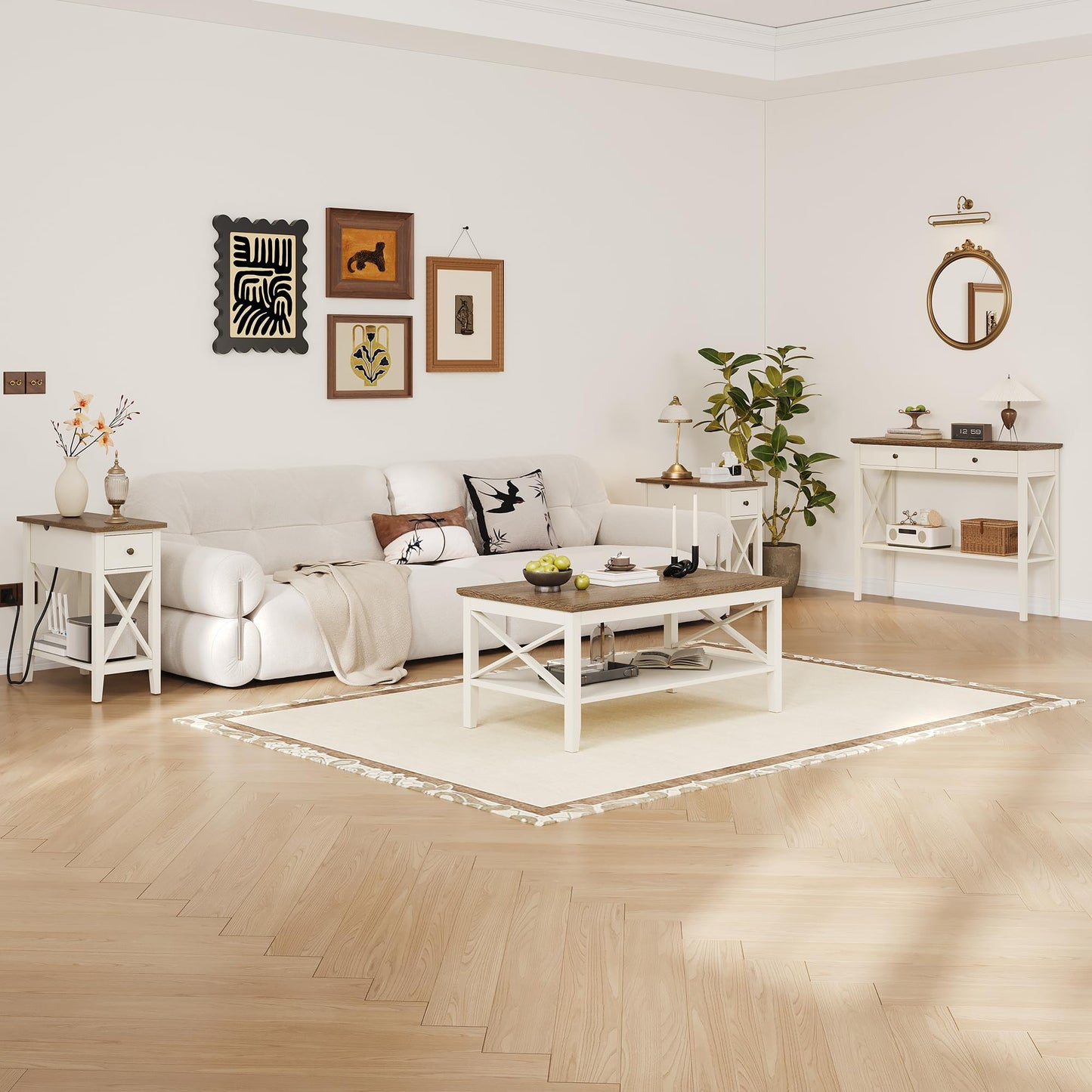 White Wooden Farmhouse Coffee Table with Thick Legs and Storage for Living Room