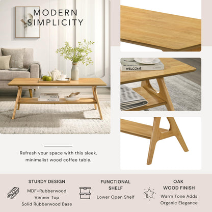 Roundhill Furniture Arona Mid-Century Modern Wood Coffee Table with Shelf – Natural Oak Finish