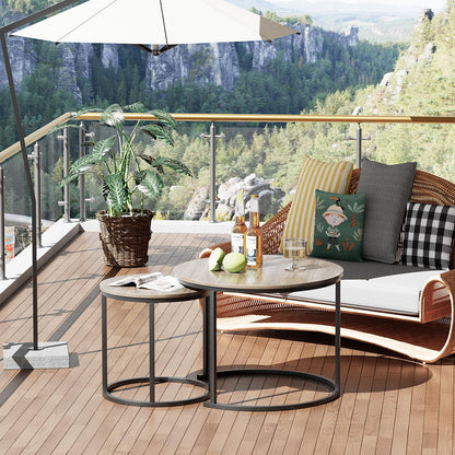 Nesting Coffee Table Set of 2, Round End Tables with Sturdy Metal Frame for Living Room or Bedroom, Oak