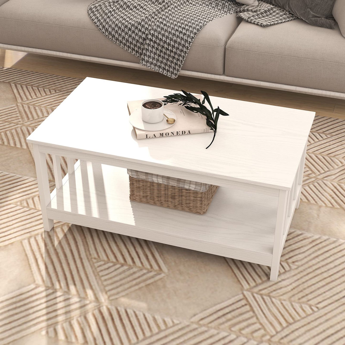 White Farmhouse Coffee Table with Shelf, 40 Inch Living Room Table