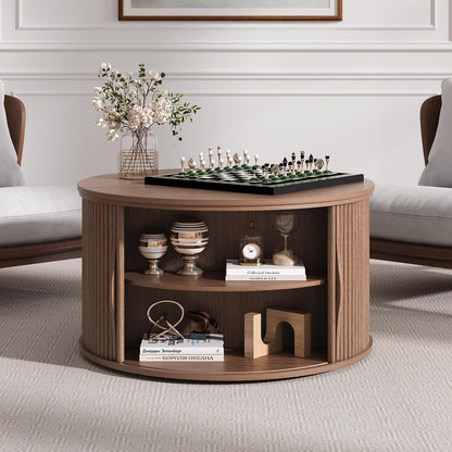 Round Coffee Table with Lift Top, 31.5" Mid-Century Modern Fluted Coffee Table with Hidden Storage Compartment, Small Center Table for Living Room, Walnut