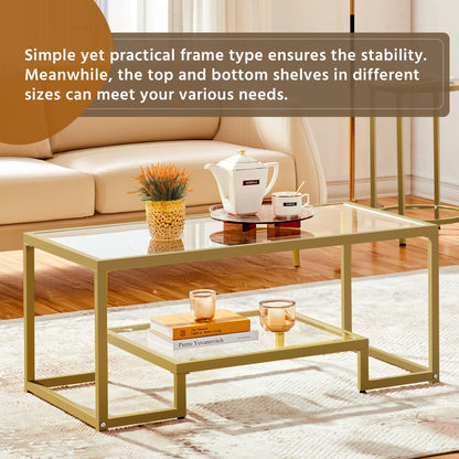 42" Rectangular Glass Coffee Table with Gold Metal Frame, 2-Tier Center Table for Living Room, Office, or Small Spaces
