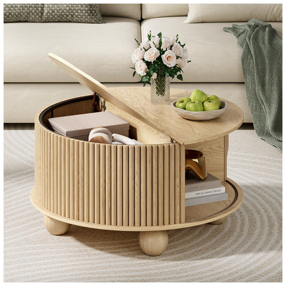 Round Coffee Table with Storage, 31.5" Fluted Lift-Top Drum Center Table with Sliding Door and Bun Feet, Mid-Century Modern Coffee Table for Living Room or Small Spaces, Oak