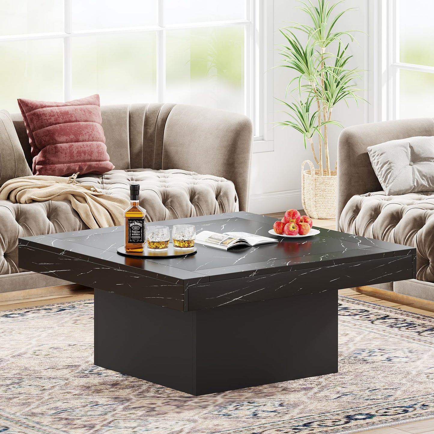 Tribesigns Square LED Coffee Table – Faux Black Marble & Black Engineered Wood Low Center Table for Living Room