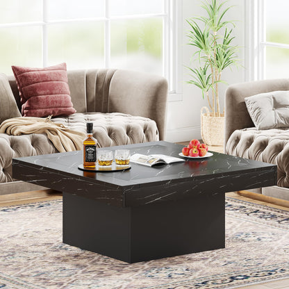 Tribesigns Square LED Coffee Table – Faux Black Marble & Black Engineered Wood Low Center Table for Living Room
