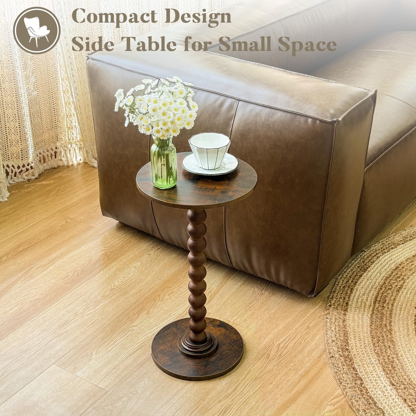 Round Side Table, Small Modern Drink Table with Solid Wood Legs for Living Room, Bedroom, Office, Rustic Brown