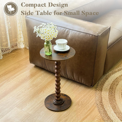 Round Side Table, Small Modern Drink Table with Solid Wood Legs for Living Room, Bedroom, Office, Rustic Brown