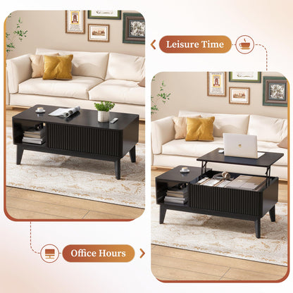 LYNCOHOME Fluted Lift Top Coffee Table with Hidden Compartment – Modern Wood Center Table for Living Room or Home Office, Black Finish