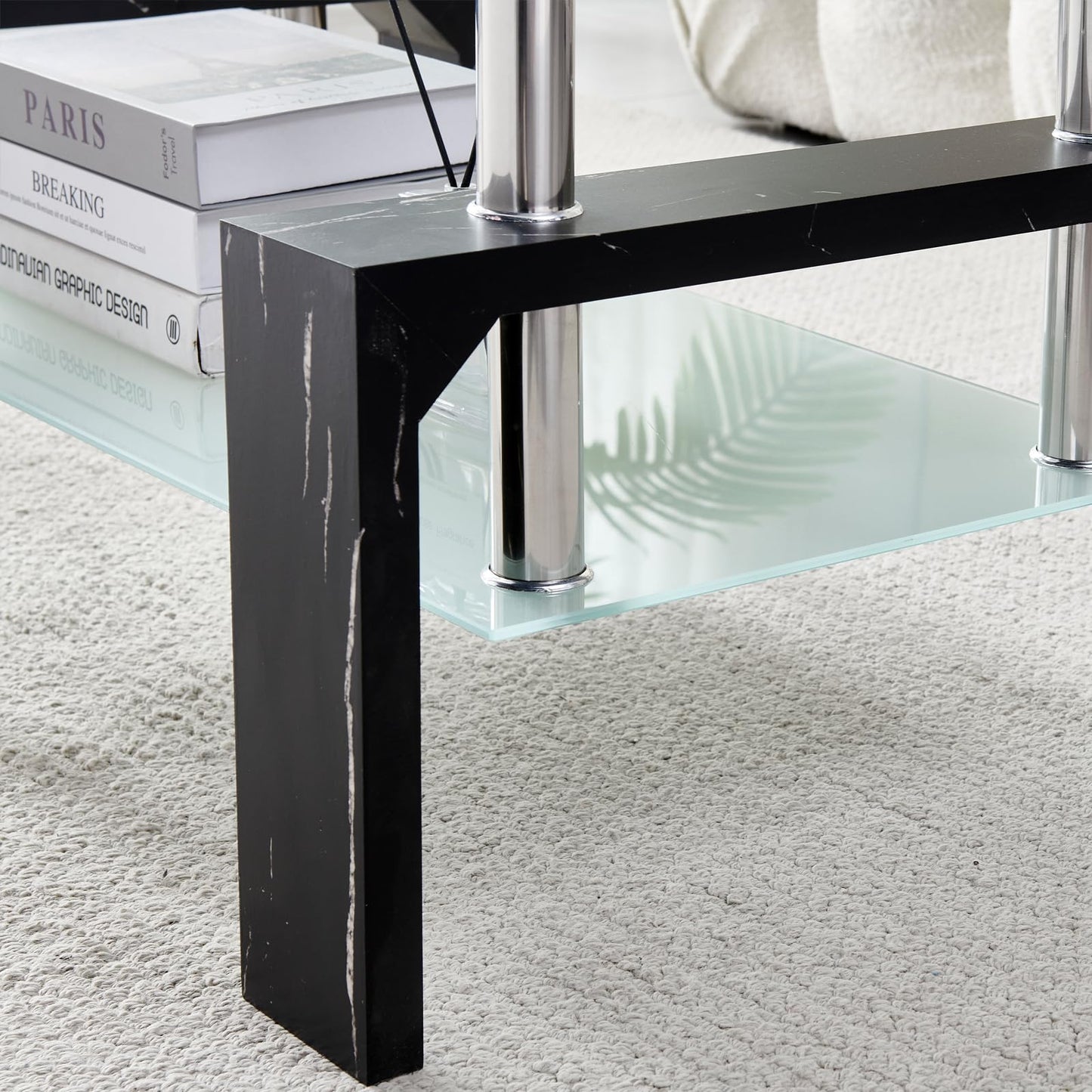 Modern Rectangle Coffee Table for Living Room, Black Marble Glass Tea Table with Wooden Legs & Lower Storage Shelf, Stylish Center Table for Home, Office, or Waiting Room