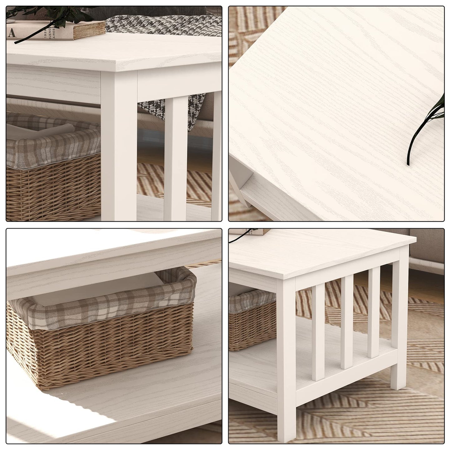 White Farmhouse Coffee Table with Shelf, 40 Inch Living Room Table