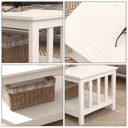 White Farmhouse Coffee Table with Shelf, 40 Inch Living Room Table