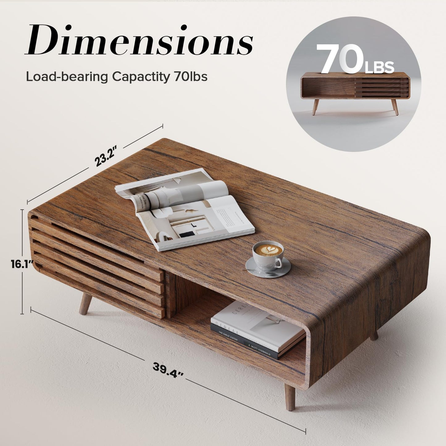 Farmhouse Wood Coffee Table with Storage for Living Room, Easy Assembly, Walnut