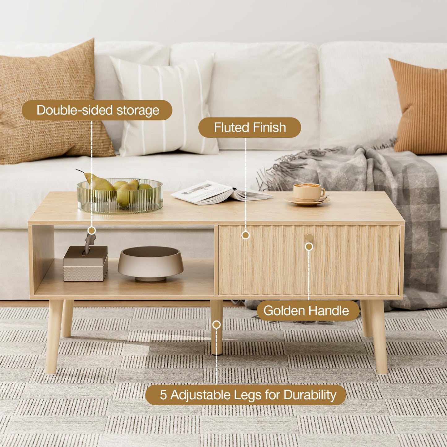 Boho Coffee Table with Storage – Fluted Drawer & Solid Wood Legs, Small Center Table for Living Room, Oak