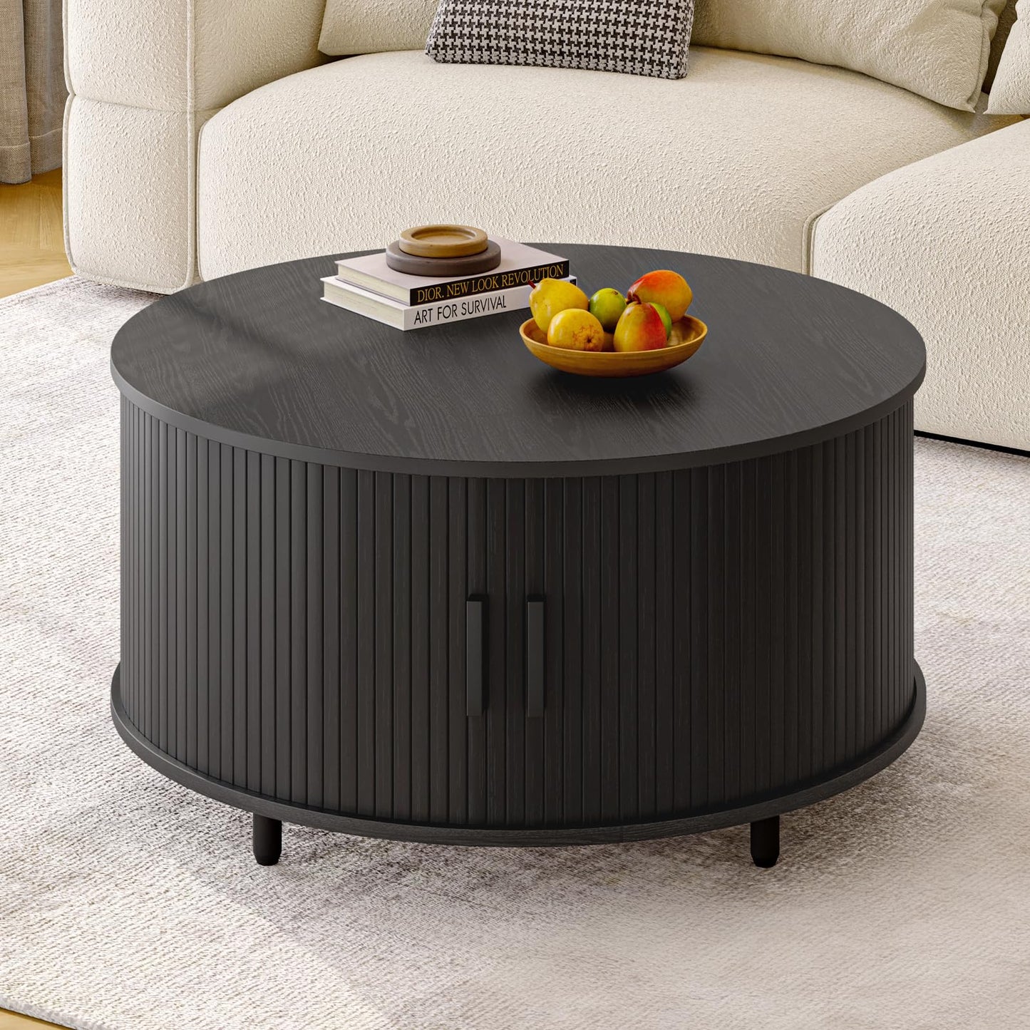 Round Coffee Table with Storage, 31.5" Modern Fluted Wood Table with 360° Sliding Door and Adjustable Footpads, Black