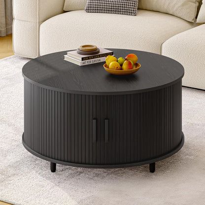 Round Coffee Table with Storage, 31.5" Modern Fluted Wood Table with 360° Sliding Door and Adjustable Footpads, Black