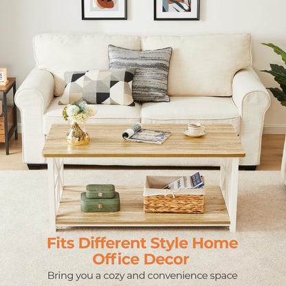 GreenForest 39" Coffee Table with Round Corners, Farmhouse Center Table with 2-Tier Storage Shelf, X-Frame Design for Living Room, Oak