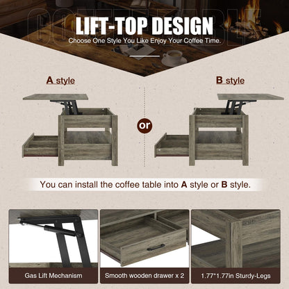 Rolanstar 47.2" Lift Top Coffee Table with Drawers & Hidden Compartment – Retro Wooden Central Table with Adjustable Lift Tabletop for Living Room, Washed Oak