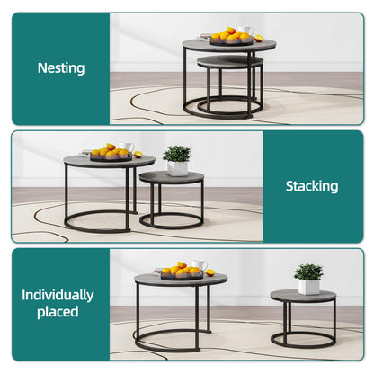 Nesting Round Coffee Table Set of 2, Wooden Accent Tables with Metal Frame for Living Room, Stacking Side Tables, Black/Warm Grey