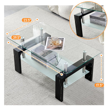 Modern Rectangle Coffee Table for Living Room, Black Marble Glass Tea Table with Wooden Legs & Lower Storage Shelf, Stylish Center Table for Home, Office, or Waiting Room