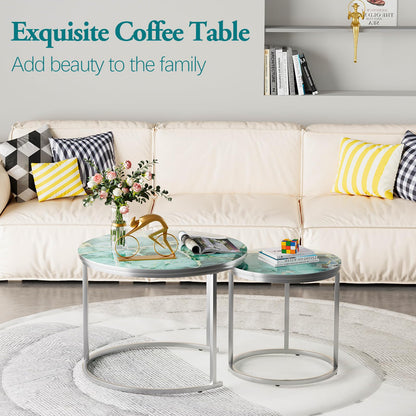 Nesting Coffee Table Set of 2, Round Green Art Top Tables with Sturdy Metal Frame for Living Room or Bedroom, Modern Industrial Style
