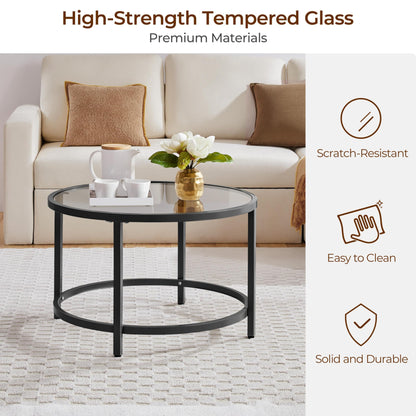 27.6" Round Glass Coffee Table with Black Metal Frame for Living Room, Office, or Apartment