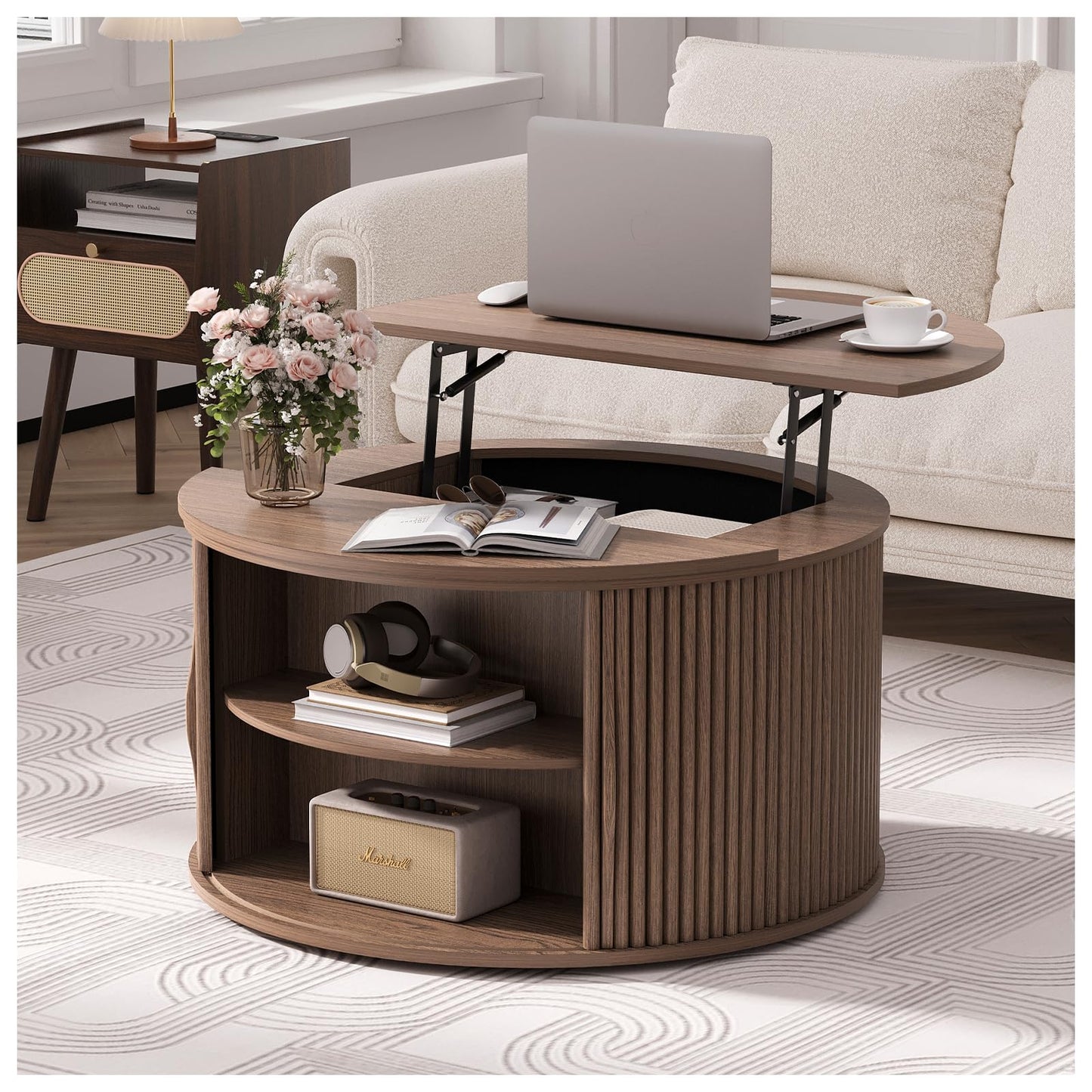 Round Coffee Table with Lift Top, 31.5" Mid-Century Modern Fluted Coffee Table with Hidden Storage Compartment, Small Center Table for Living Room, Walnut